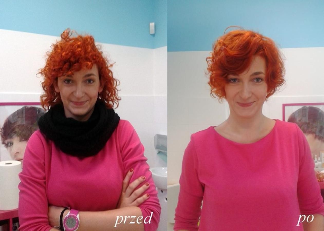 Kolaż przed i po: rude kręcone włosy przed wizytą oraz po skróceniu i ułożeniu